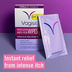 Individually wrapped Vagisil maximum strength medicated wipes showing portable on-the-go convenience.