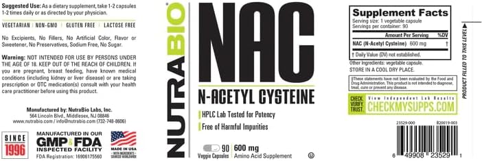 NutraBio clean label NAC 600 mg veggie capsules side panel view