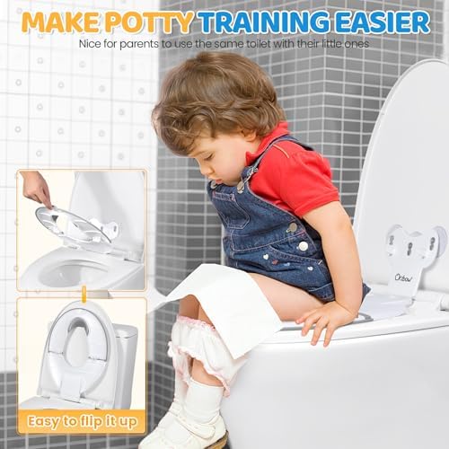 Orzbow travel potty training seat flipped up on a standard adult toilet bowl