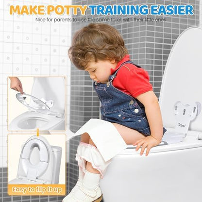 Orzbow travel potty training seat flipped up on a standard adult toilet bowl
