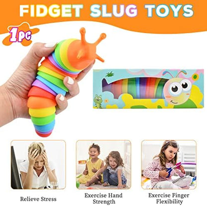 Close up view of rainbow colored sensory slug fidget