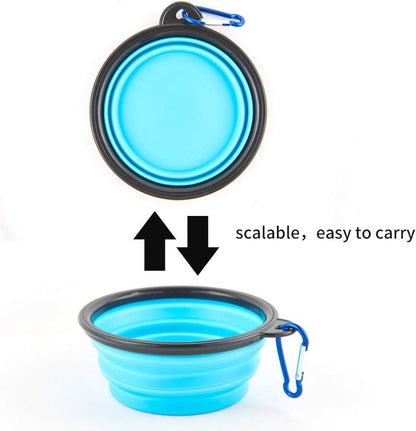 Guardians foldable pet bowls clipped onto a backpack for hiking
