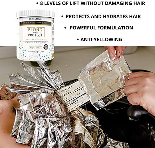 Back label of Blond Forte hair lighter powder tub with mixing instructions and protective complex highlights.