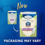 Close up of TENA SkinComfort Formula logo on a pack of regular length incontinence pads.