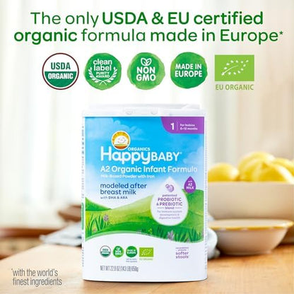 Rear packaging panel of Happy Baby Organics infant formula showcasing the prebiotics and probiotics blend.