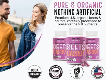 Close up of Strong Organics vegan beet and carrot capsules