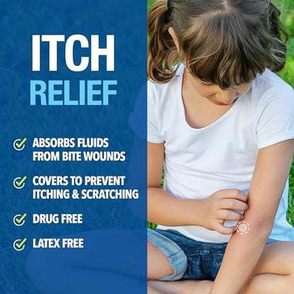 Close up of clear hydrocolloid insect bite stickers showing two different sizes for kids and adults.