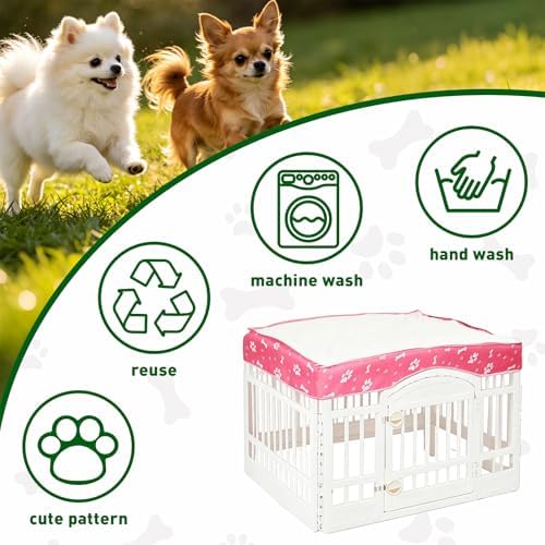 Indoor plastic pet playpen with pink paw print security mesh top shade