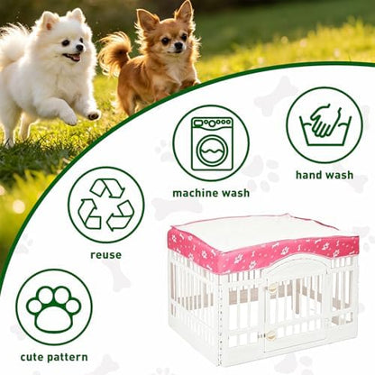 Indoor plastic pet playpen with pink paw print security mesh top shade