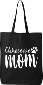 Side angle of Chiweenie dog mom canvas tote bag showing gusset