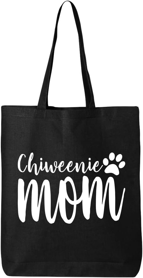 Side angle of Chiweenie dog mom canvas tote bag showing gusset