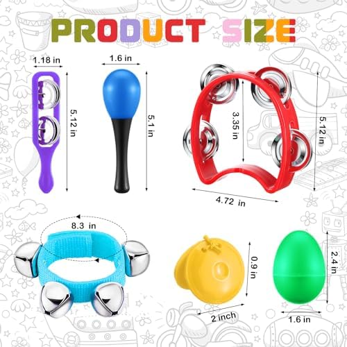 Silipull preschool rhythm toys layout highlighting twelve colorful handheld tambourine bells and wrist band bells.