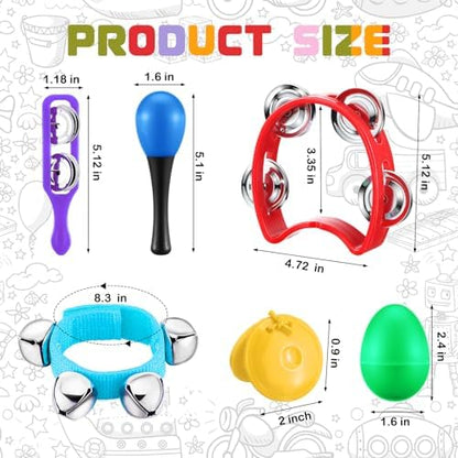 Silipull preschool rhythm toys layout highlighting twelve colorful handheld tambourine bells and wrist band bells.