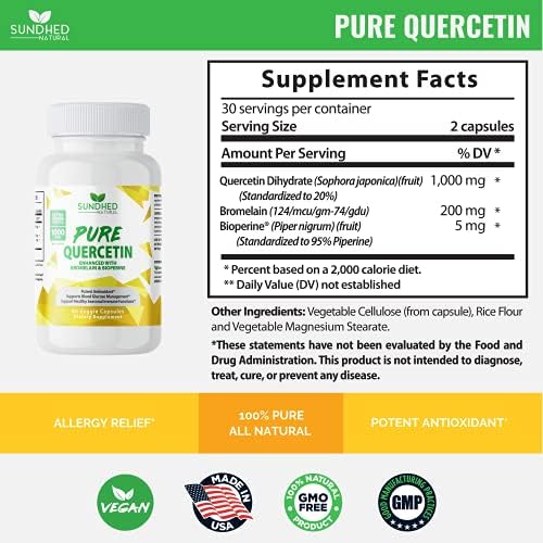Sundhed Natural Quercetin bottle showing key ingredients and benefits