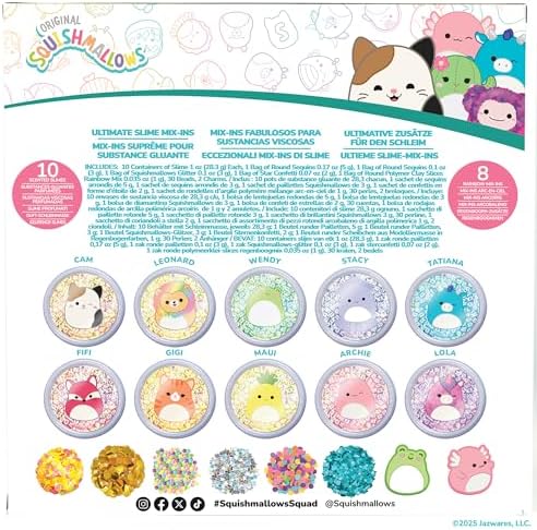 Exclusive mini rubber character charms and colorful polymer sprinkles included in the Squishmallows slime kit.