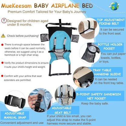 MueKeesam infant flight mattress securely strapped to an economy airline seat showing the reinforced safety buckles and premium vinyl seams.