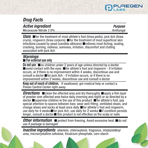 Puregen Labs 2 percent miconazole nitrate powder bottle showing talc free label details.