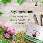 Dr. Christopher's Comfrey Ointment label showing organic ingredients and beeswax base.