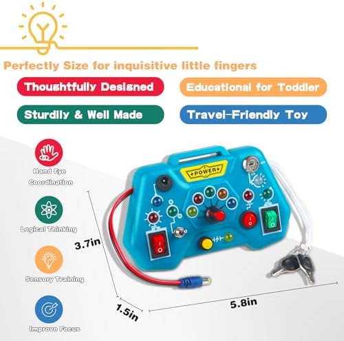 Toddler hands operating a wooden travel toy console with toggles