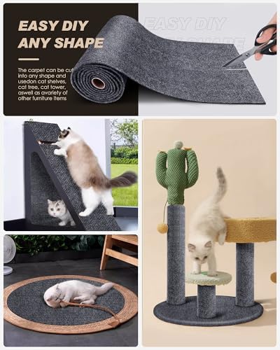 Peel and stick backing of the dark gray cat scratching carpet being applied to a wall.