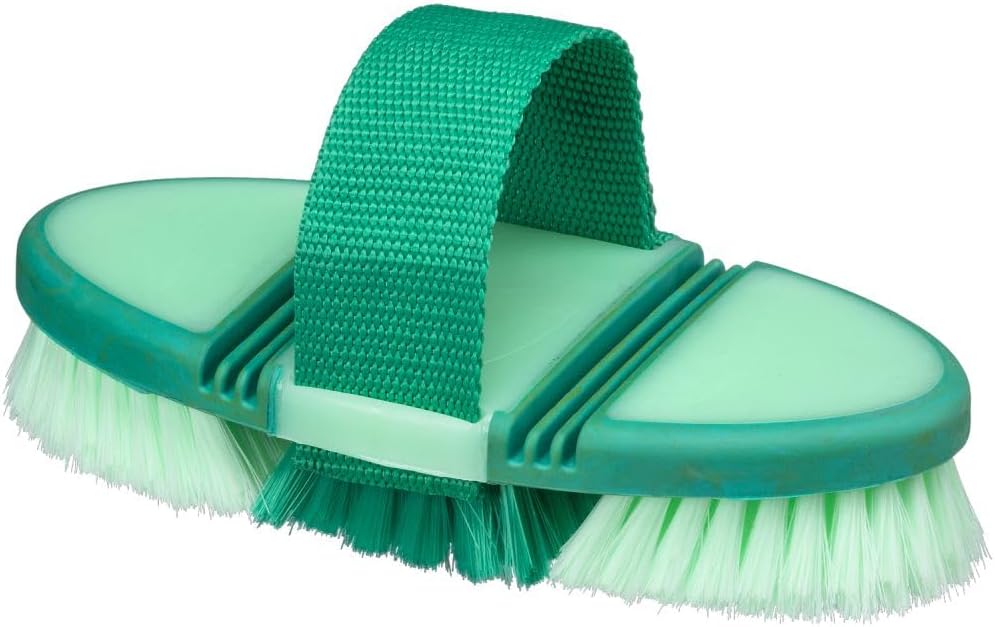 Purple horse grooming brush with soft horsehair bristles close up