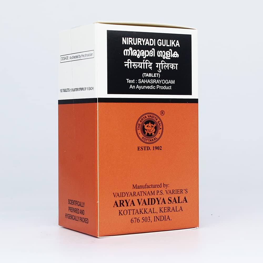 Neel Ayurvedics Kottakkal Niruryadi Gulika 100 Tablets front view showcasing herbal blood sugar support supplement packaging.