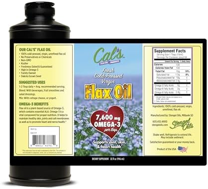 Side view of Cal's premium American grown flaxseed oil liquid supplement bottle