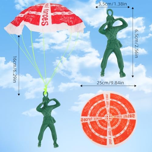 Assorted red yellow blue and green army men parachute toys layout for kids party favors.