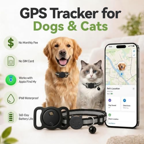 Loverstarlight smart tracking tag showing the ultra thin design next to a standard dog collar.