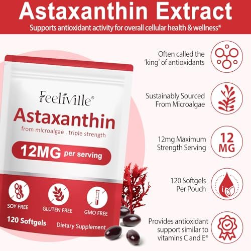 Premium astaxanthin 12mg gluten free softgels shown outside the packaging bottle