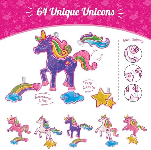 Close-up view of the glitter paint details on the finished princess and unicorn mix-and-match suncatcher frames.