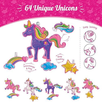 Close-up view of the glitter paint details on the finished princess and unicorn mix-and-match suncatcher frames.