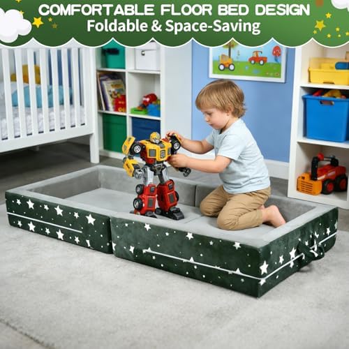 Thick soft foam base of the kids travel crib highlighting mattress thickness