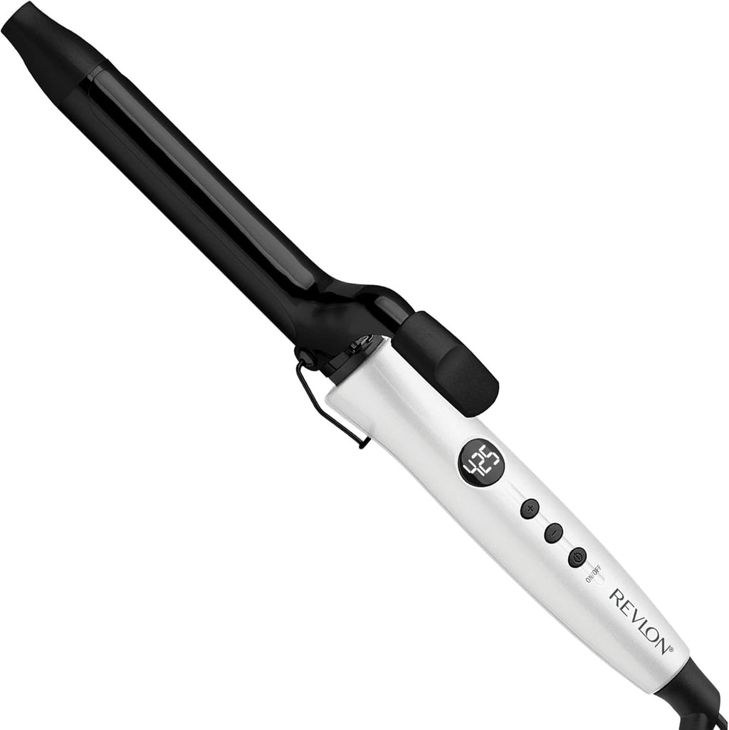 Revlon Crystal C Ceramic Hair Curling Iron front view displaying the white barrel and digital temperature screen.