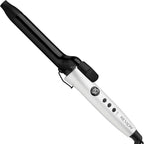Revlon Crystal C Ceramic Hair Curling Iron front view displaying the white barrel and digital temperature screen.
