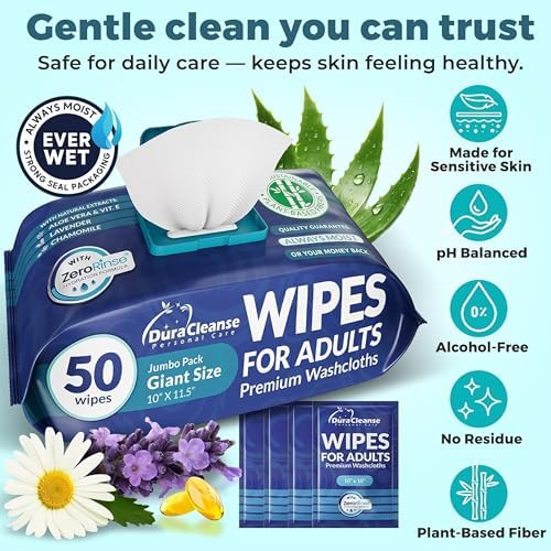 Hypoallergenic extra thick adult incontinence wipes for post surgery recovery care.