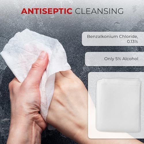 Comparison of 5x7 inch unfolded Benzalkonium Chloride wipe size for skin care.