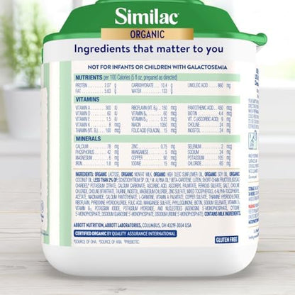 Similac Organic easy to digest powder baby formula nutrition label and ingredients list