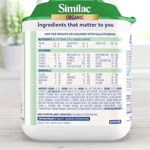 Similac Organic easy to digest powder baby formula nutrition label and ingredients list