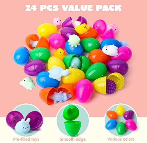 Full collection of twenty four unique cartoon style animal and fast food themed squeeze toys.