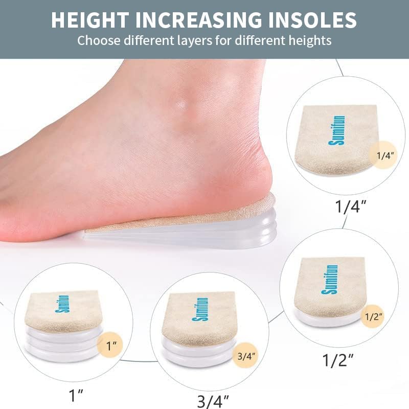 Adjustable silicone shoe lifts showing removable layers for customizable height increase.