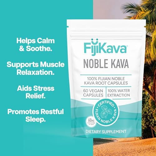 Authentic FijiKava Noble root extract vegan capsules container on plain background.