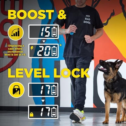 Dogtra remote training collar setup showing the safety level lock and boost button controls.