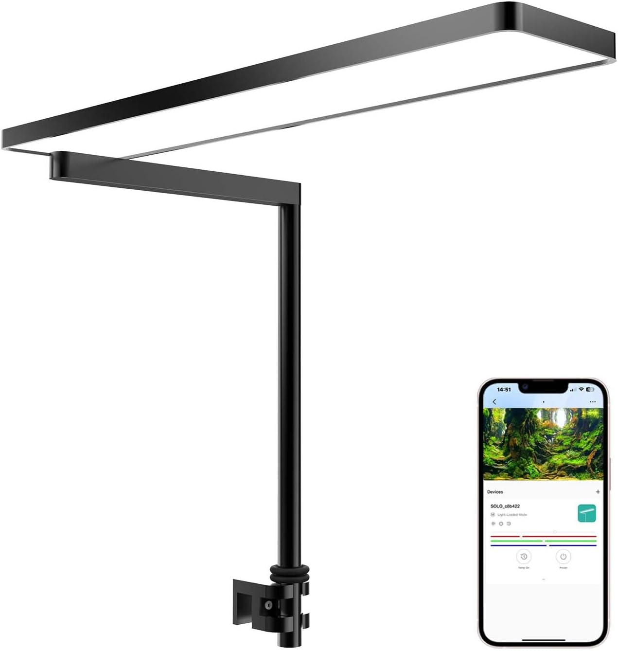 FZONE Solo Series Nano LED aquarium light front view illuminating a high tech planted freshwater desktop tank