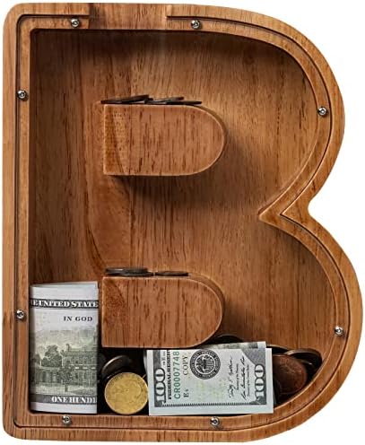 Organic oak wood initial B alphabet coin box for nursery room decoration