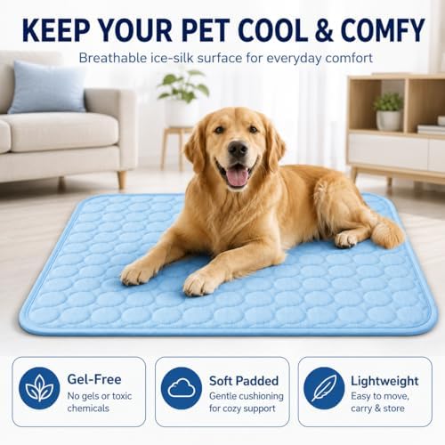 Pawlabs Cooling dog bed mat placed inside a travel crate for summer heat relief.
