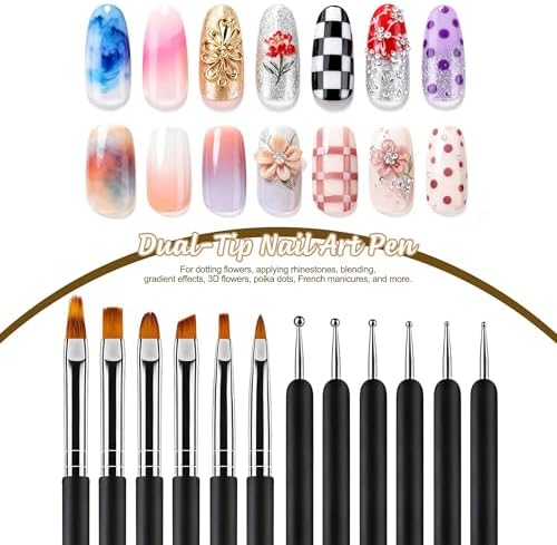 Artdone nail art kit showing liner brush tips and sizes