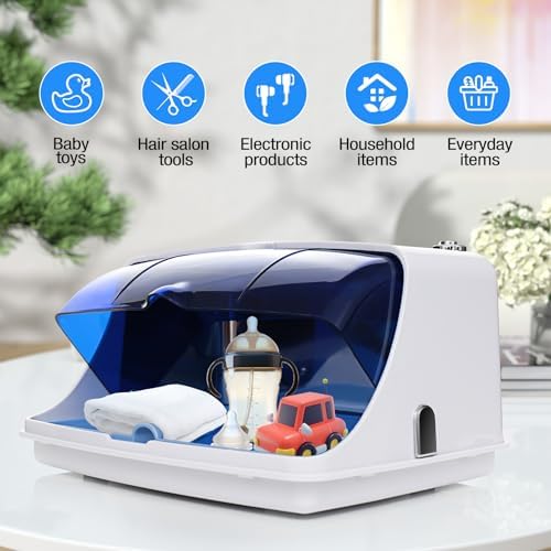Side profile of Brbluerise white and blue UV disinfection cabinet