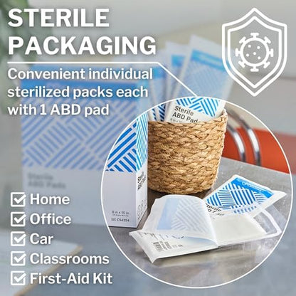 Two packs of twenty four count CareStock sterile first aid pads arranged together.