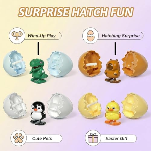 Generic Wind-Up Surprise Eggs Dinosaur showing the shell popping open to reveal the green toy